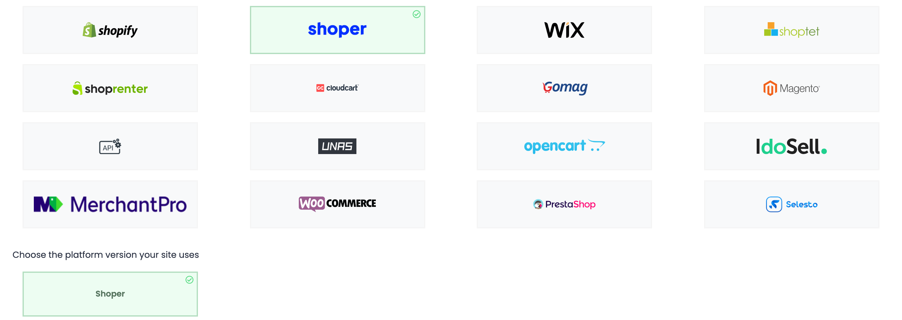 The platform tiles with Shoper selected, and the Shoper version chosen under Choose the platform version your site uses.