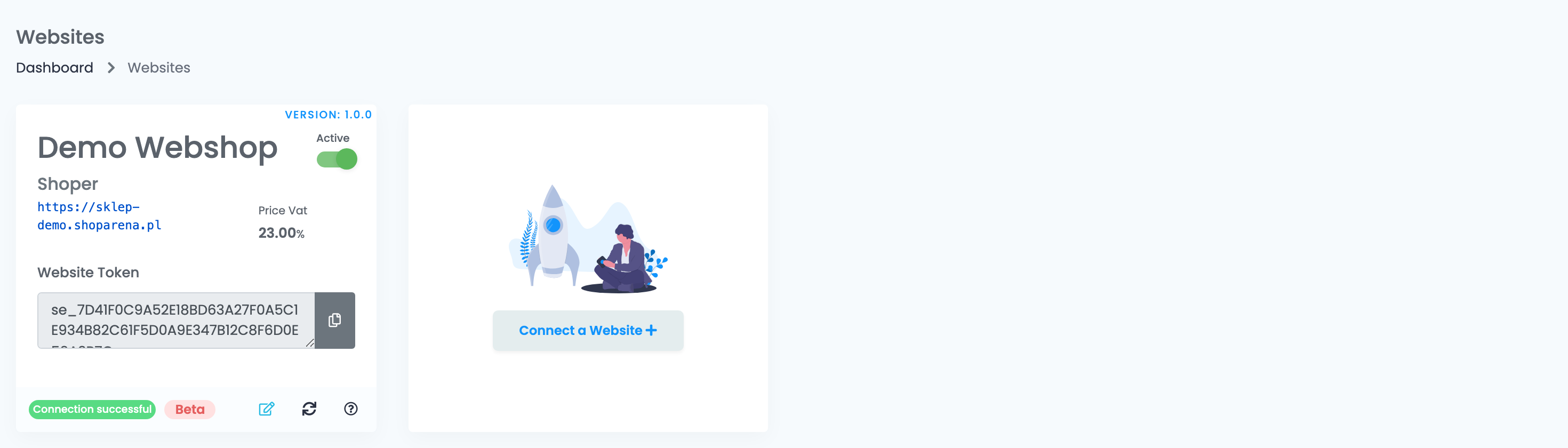 The Websites page in easySales with the Shoper shop Demo Webshop connected, its Beta badge, and the Connect a Website card.