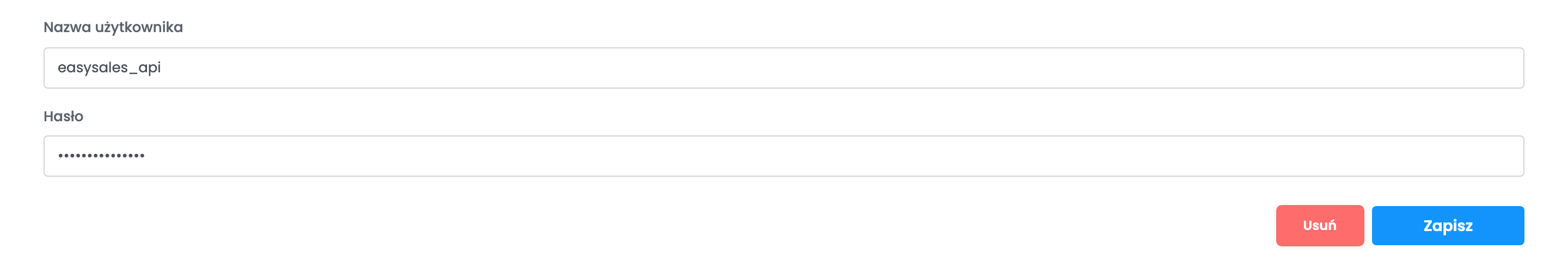 Karta Szczegóły z nazwą użytkownika administratora WebAPI, zamaskowanym hasłem oraz przyciskami Usuń i Zapisz.