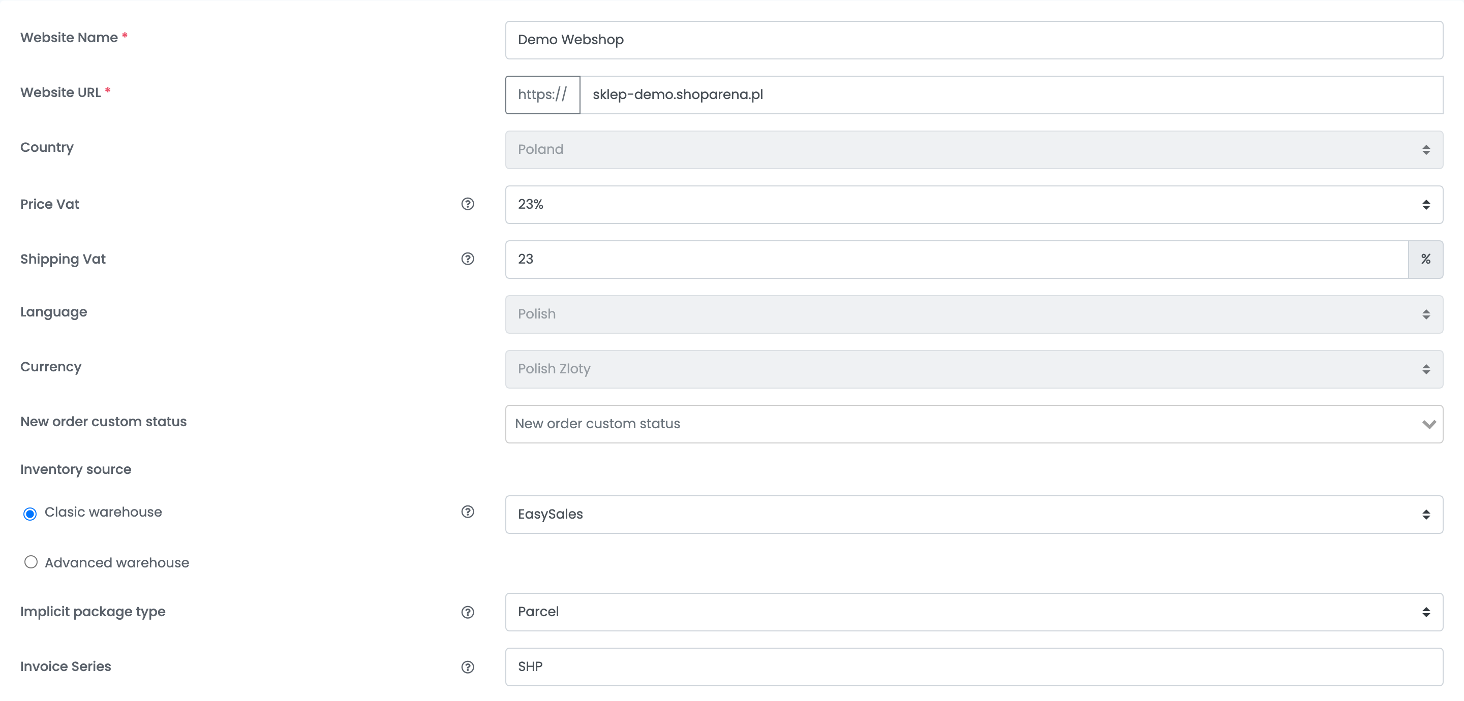 The shop details: Website Name, Website URL sklep-demo.shoparena.pl, Country Poland, Price Vat 23%, Shipping Vat 23, Language Polish, Currency Polish Zloty, New order custom status, Inventory source, Implicit package type and Invoice Series.