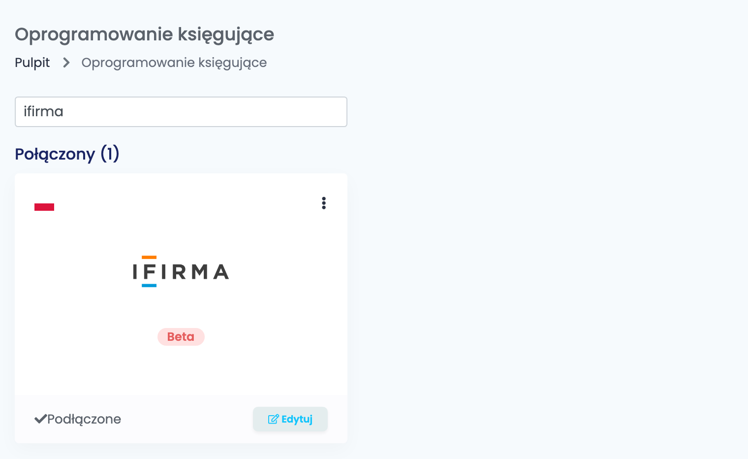 Strona Oprogramowanie księgujące w easySales, przefiltrowana po ifirma, z podłączoną kartą iFirma i plakietką Beta.