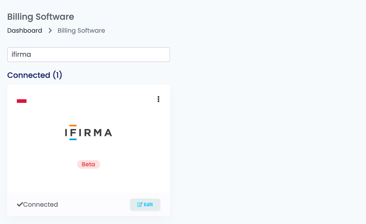 Die Seite Billing Software in easySales, gefiltert nach ifirma, mit der verbundenen iFirma-Karte und ihrem Beta-Abzeichen.