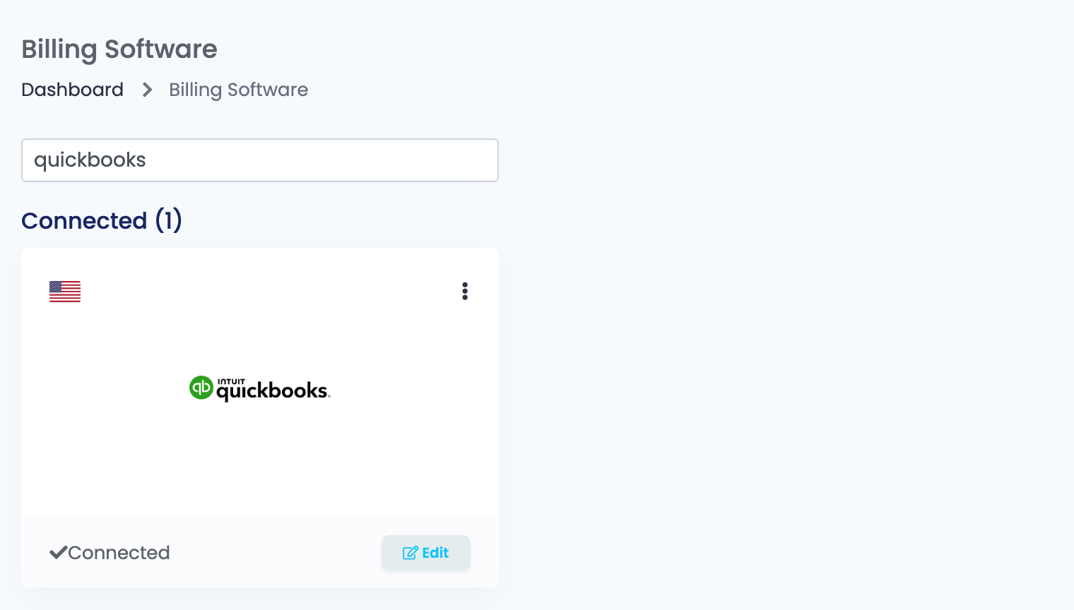 The Billing Software page in easySales, filtered to quickbooks, with the QuickBooks card connected.