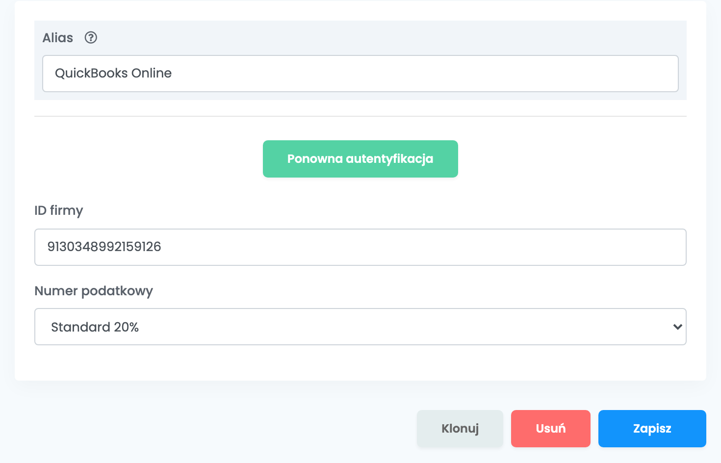 Zapisane połączenie z QuickBooks: Alias QuickBooks Online, przycisk Ponowna autentyfikacja, ID firmy, Numer podatkowy Standard 20% oraz przyciski Klonuj, Usuń i Zapisz.