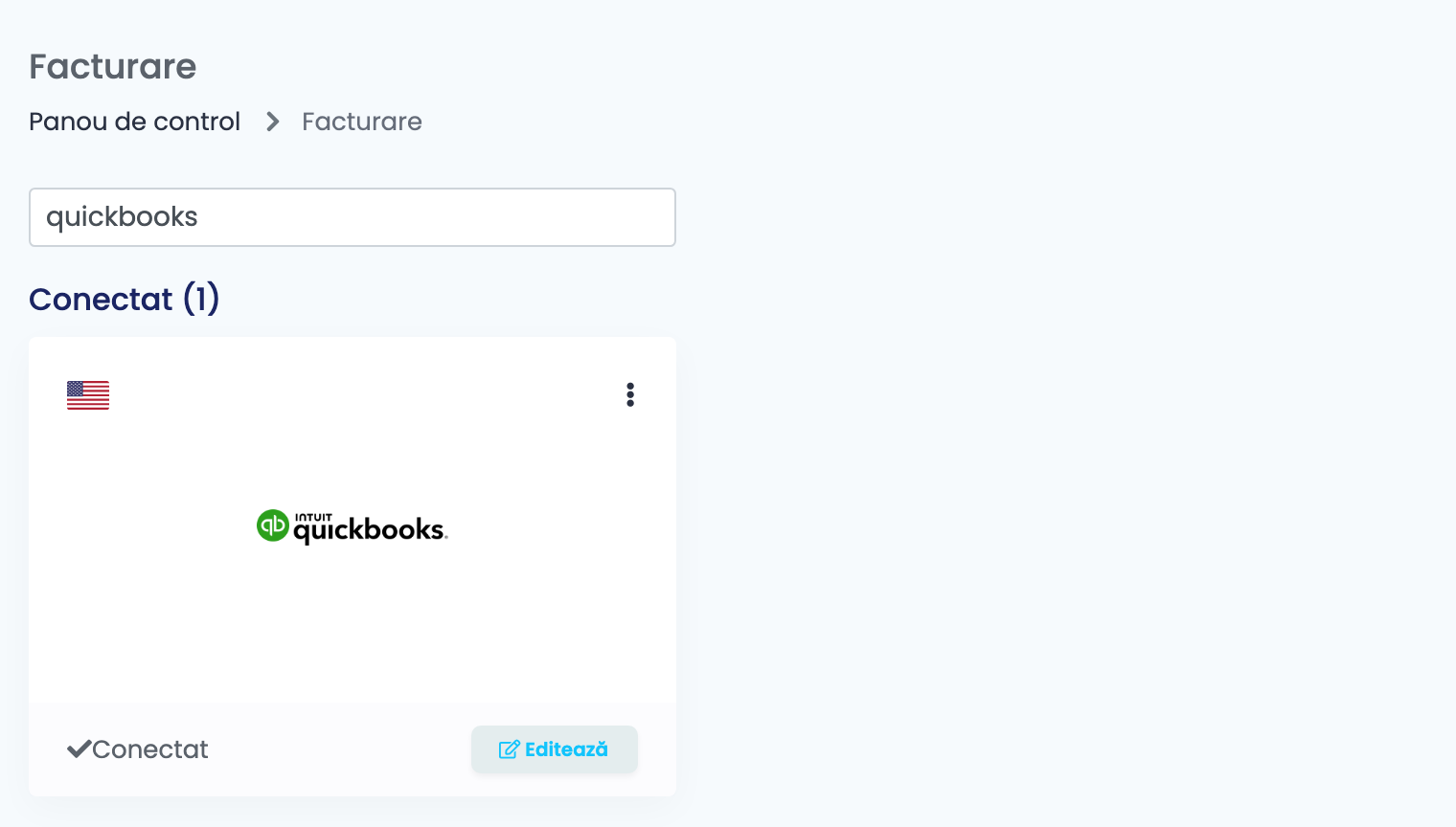 Pagina Facturare din easySales, filtrată după quickbooks, cu cardul QuickBooks conectat.