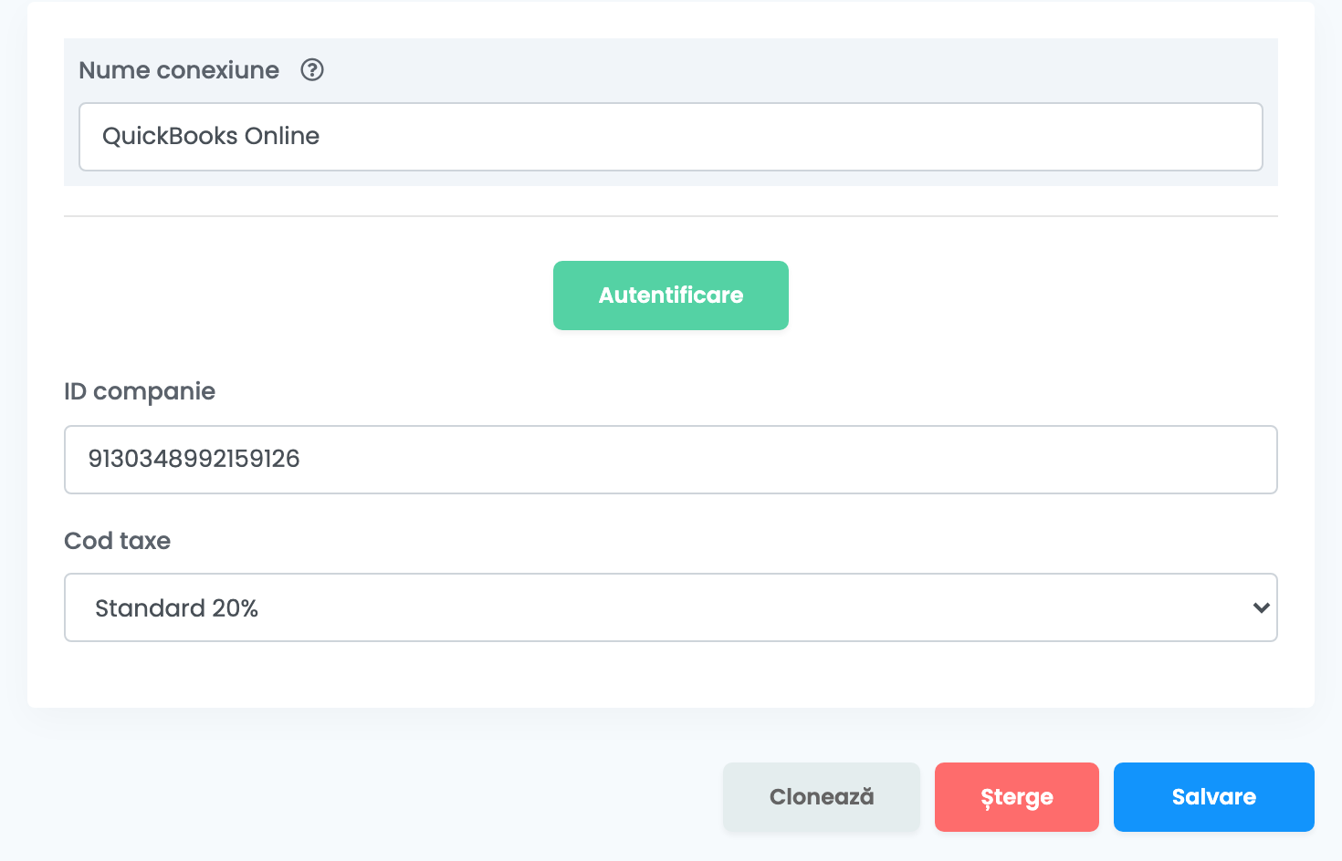 Conexiunea QuickBooks salvată: Nume conexiune QuickBooks Online, butonul Autentificare, ID companie, Cod taxe Standard 20% și butoanele Clonează, Șterge și Salvare.