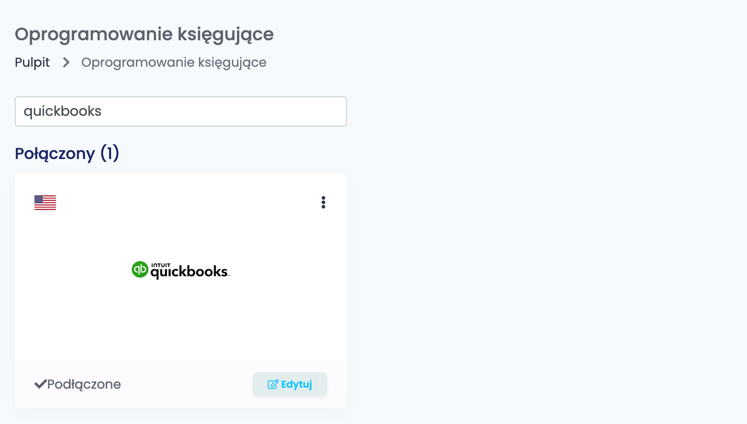 Strona Oprogramowanie księgujące w easySales, przefiltrowana do quickbooks, z podłączoną kartą QuickBooks.