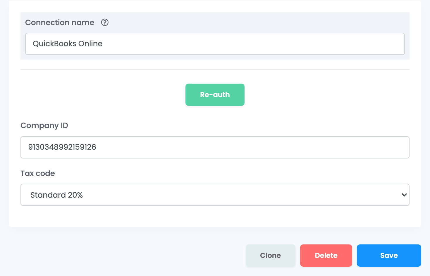 The saved QuickBooks connection: Connection name QuickBooks Online, the Re-auth button, Company ID, Tax code Standard 20%, and the Clone, Delete and Save buttons.