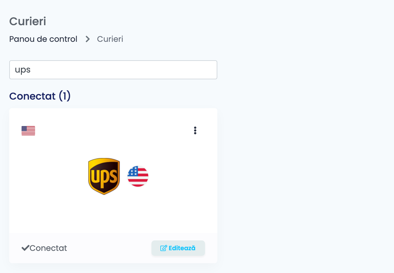 Pagina Curieri din easySales, filtrată după ups, cu cardul UPS conectat.