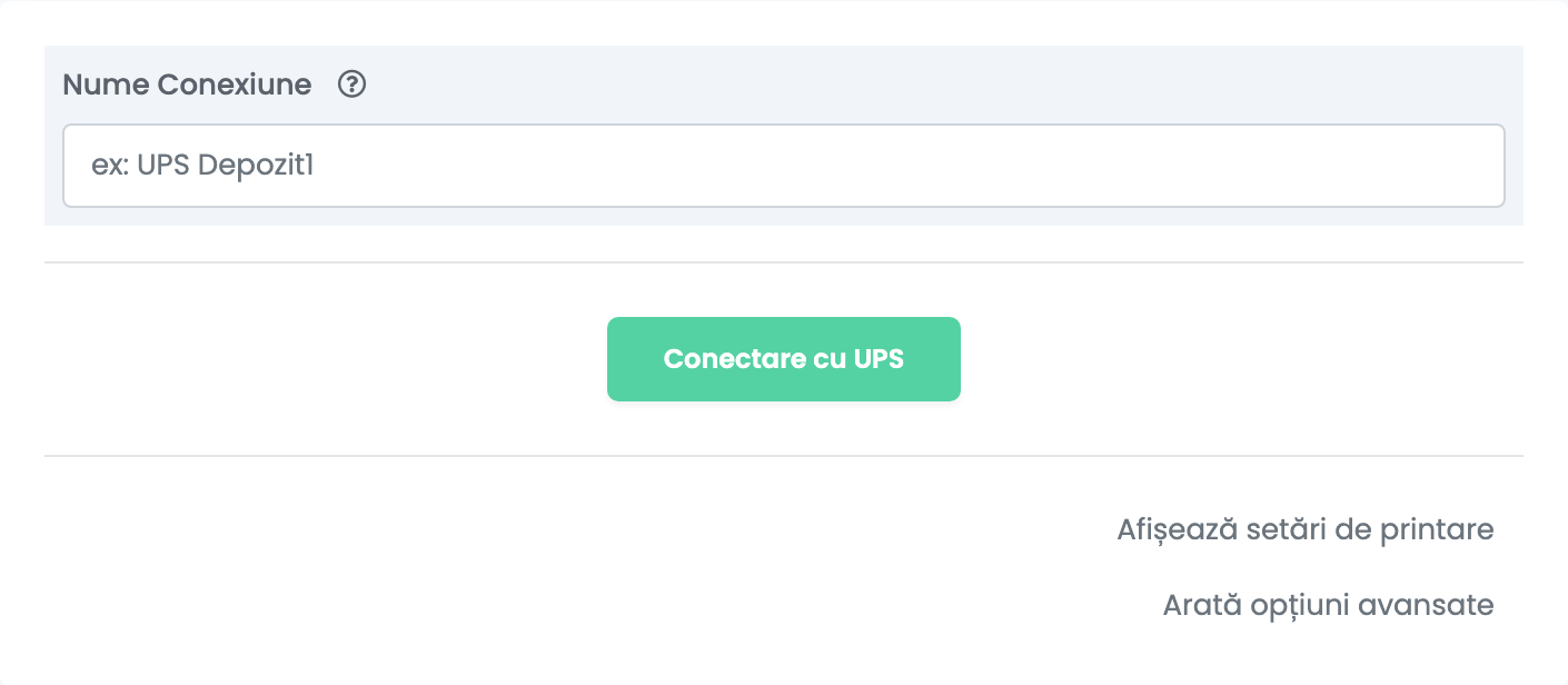 O conexiune UPS nouă: Nume Conexiune și butonul Conectare cu UPS.