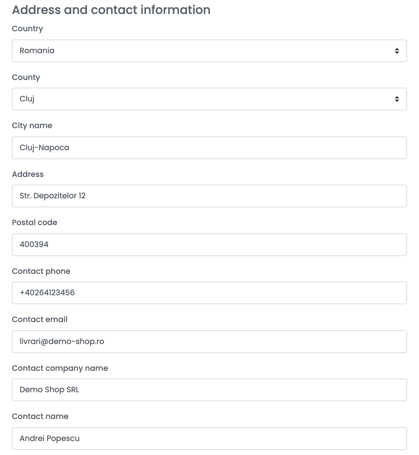 Die Absenderdaten: Country Romania, County Cluj, City name Cluj-Napoca, Address, Postal code, Contact phone, Contact email, Contact company name Demo Shop SRL und Contact name Andrei Popescu.