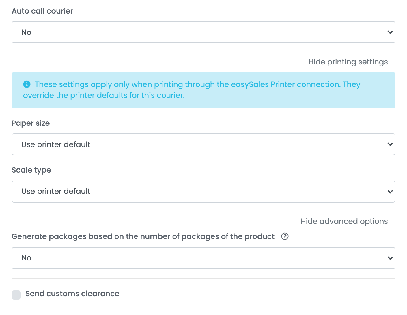 Auto call courier auf No, die Druckeinstellungen mit Paper size und Scale type sowie die erweiterten Optionen mit der Paketanzahl und Send customs clearance.