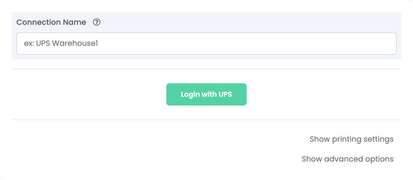 Eine neue UPS-Verbindung: das Feld Connection Name und die Schaltfläche Login with UPS.