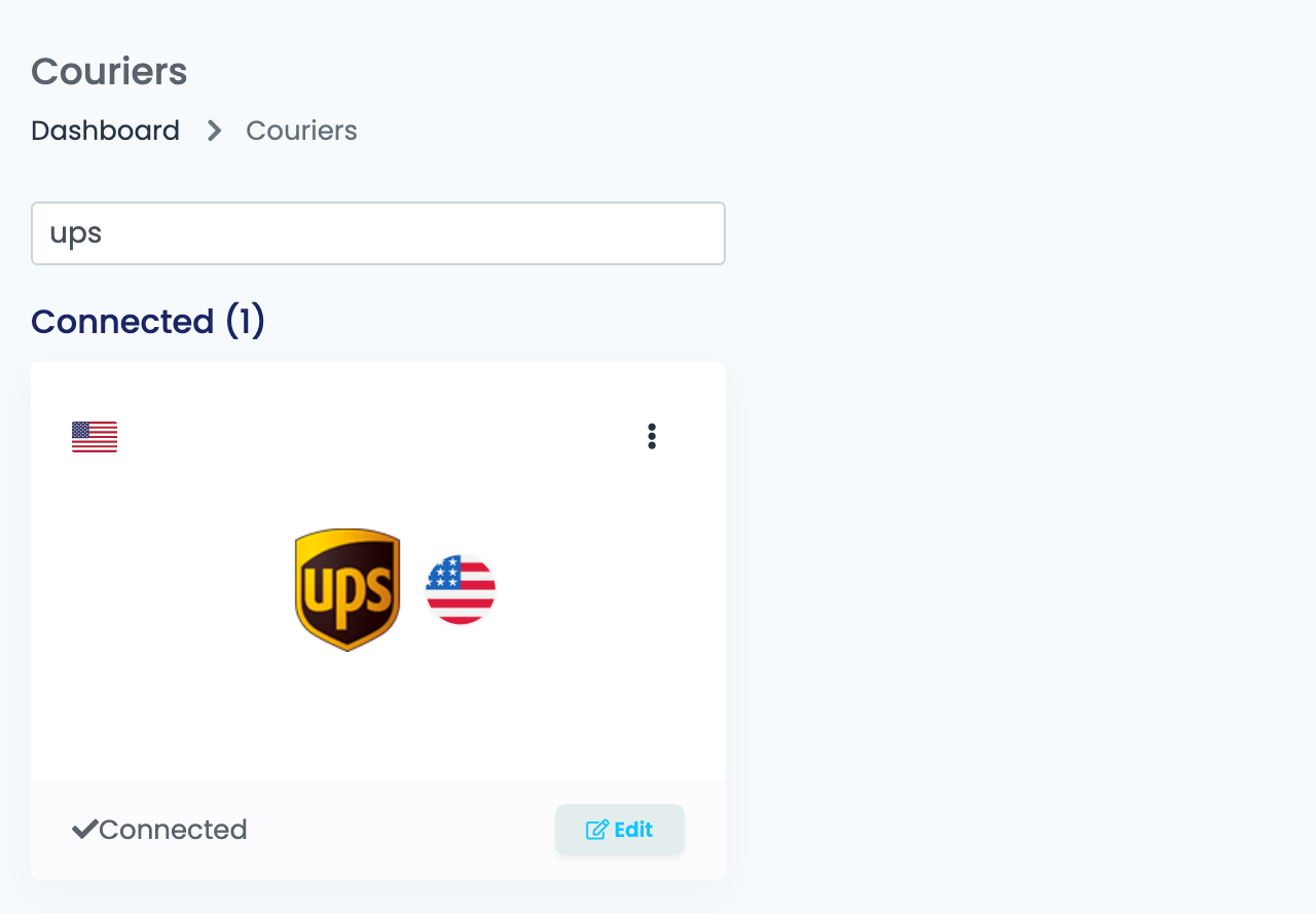 Die Seite Couriers in easySales, gefiltert nach ups, mit verbundener UPS-Karte.