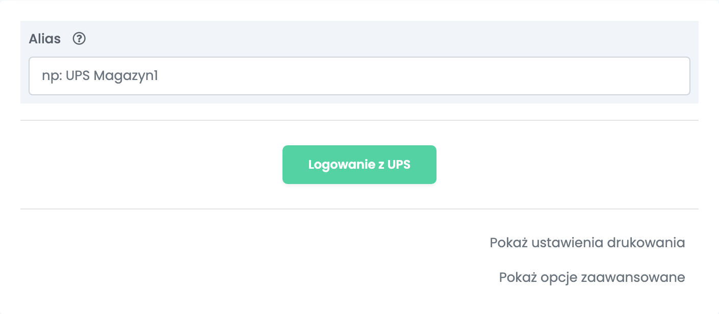 Nowe połączenie UPS: pole Alias i przycisk Logowanie z UPS.