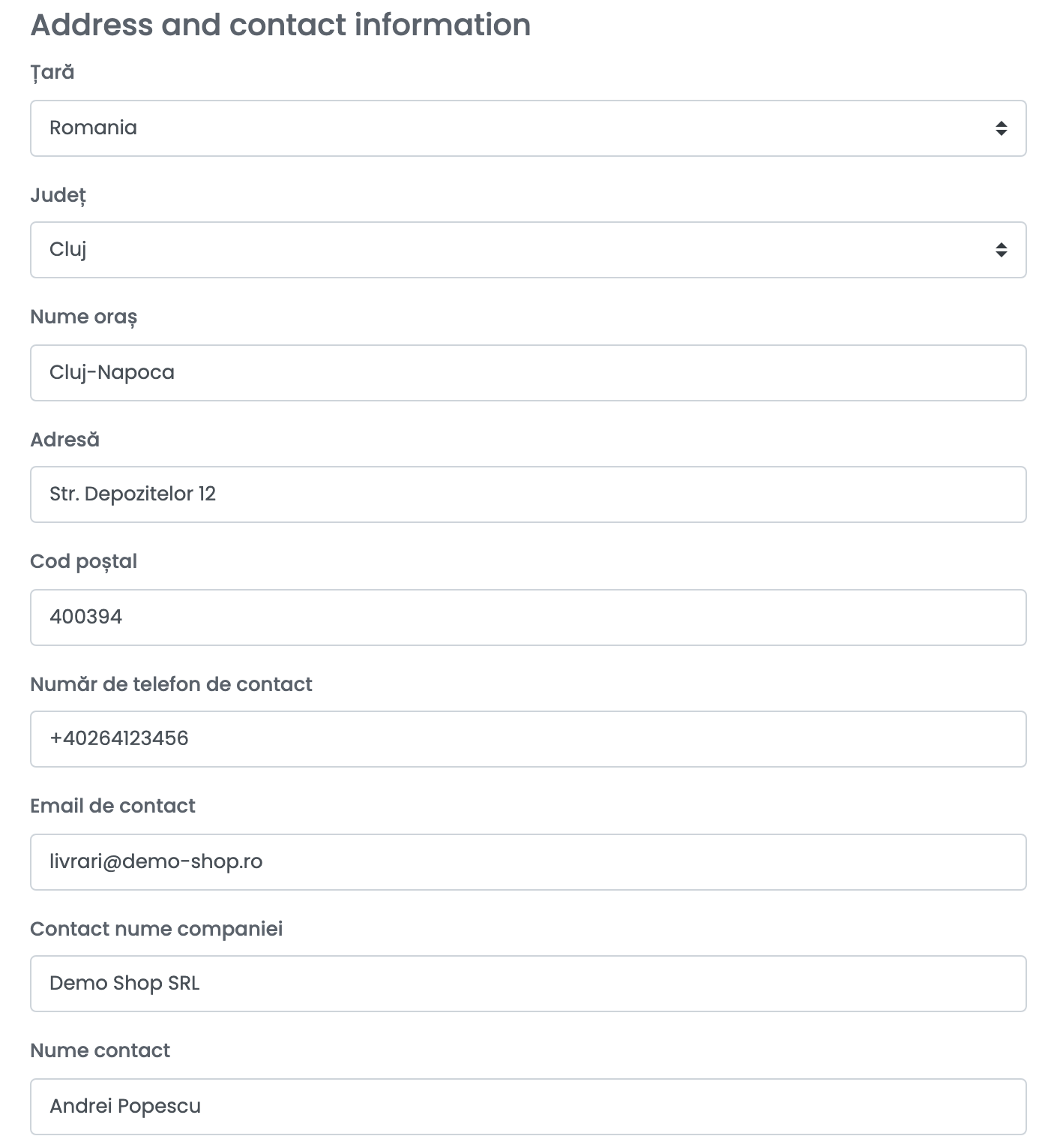 Datele expeditorului: Țară Romania, Județ Cluj, Nume oraș Cluj-Napoca, Adresă, Cod poștal, Număr de telefon de contact, Email de contact, Contact nume companiei Demo Shop SRL și Nume contact Andrei Popescu.