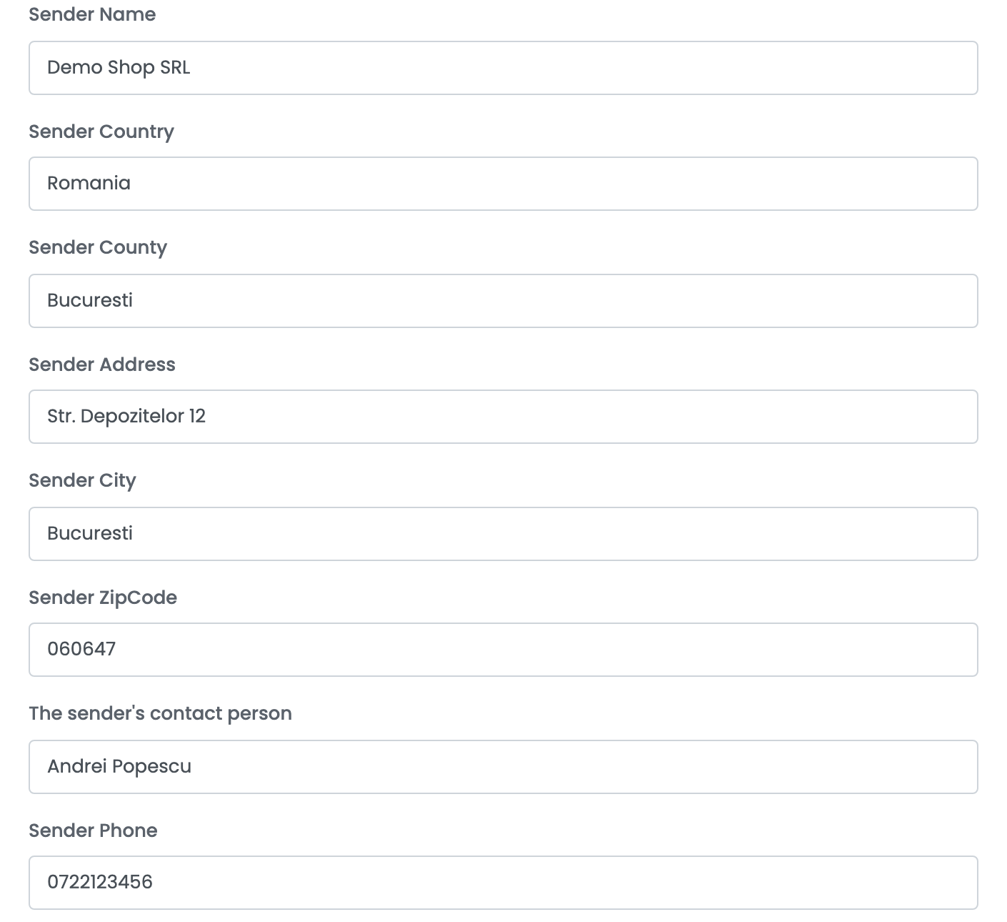 Die Absenderdaten: Sender Name Demo Shop SRL, Sender Country Romania, Sender County Bucuresti, Sender Address, Sender City Bucuresti, Sender ZipCode 060647, Kontaktperson Andrei Popescu und Sender Phone.