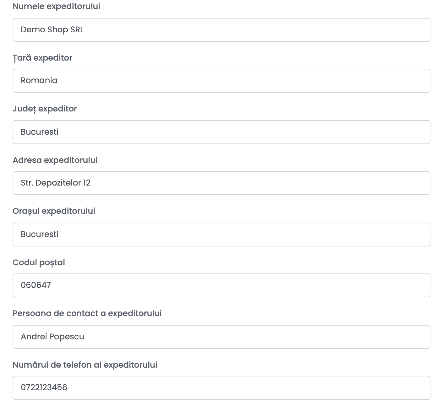 Datele expeditorului: Numele expeditorului Demo Shop SRL, Țară expeditor Romania, Județ expeditor Bucuresti, Adresa expeditorului, Orașul expeditorului Bucuresti, Codul poștal 060647, Persoana de contact a expeditorului Andrei Popescu și Numărul de telefon al expeditorului.