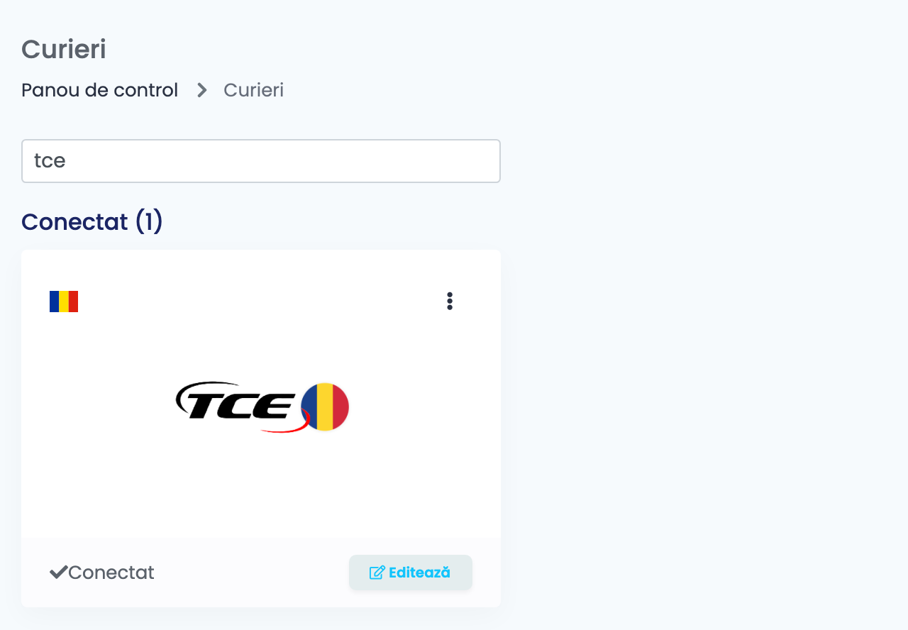 Pagina Curieri din easySales, filtrată după tce, cu cardul TCE conectat.