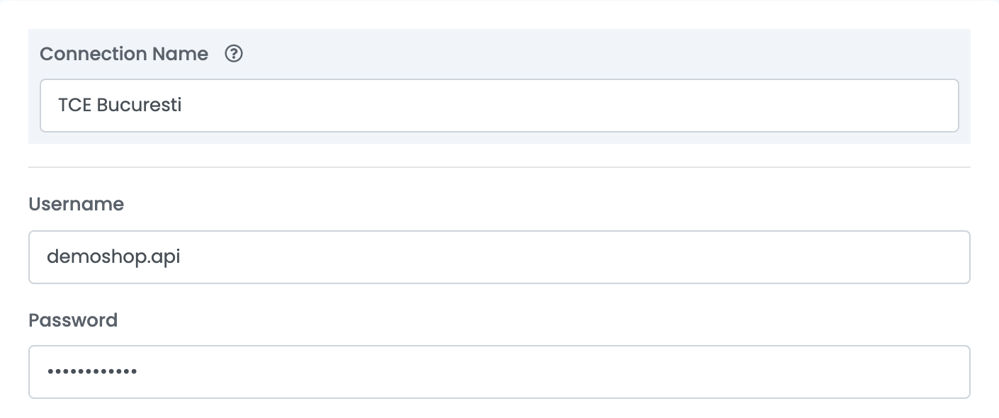Die TCE-Verbindung: Connection Name TCE Bucuresti, Username demoshop.api und das maskierte Password.