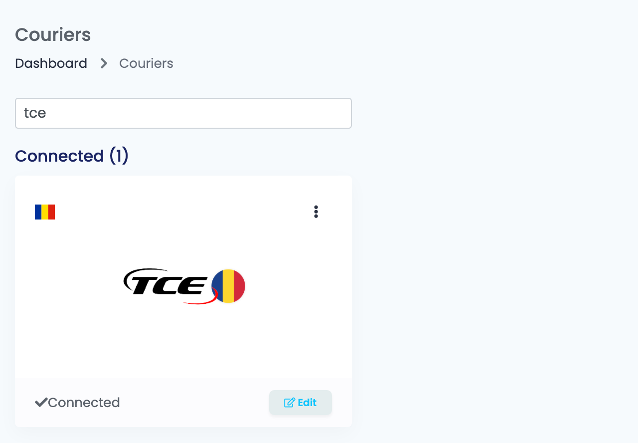 Die Seite Couriers in easySales, nach tce gefiltert, mit verbundener TCE-Karte.