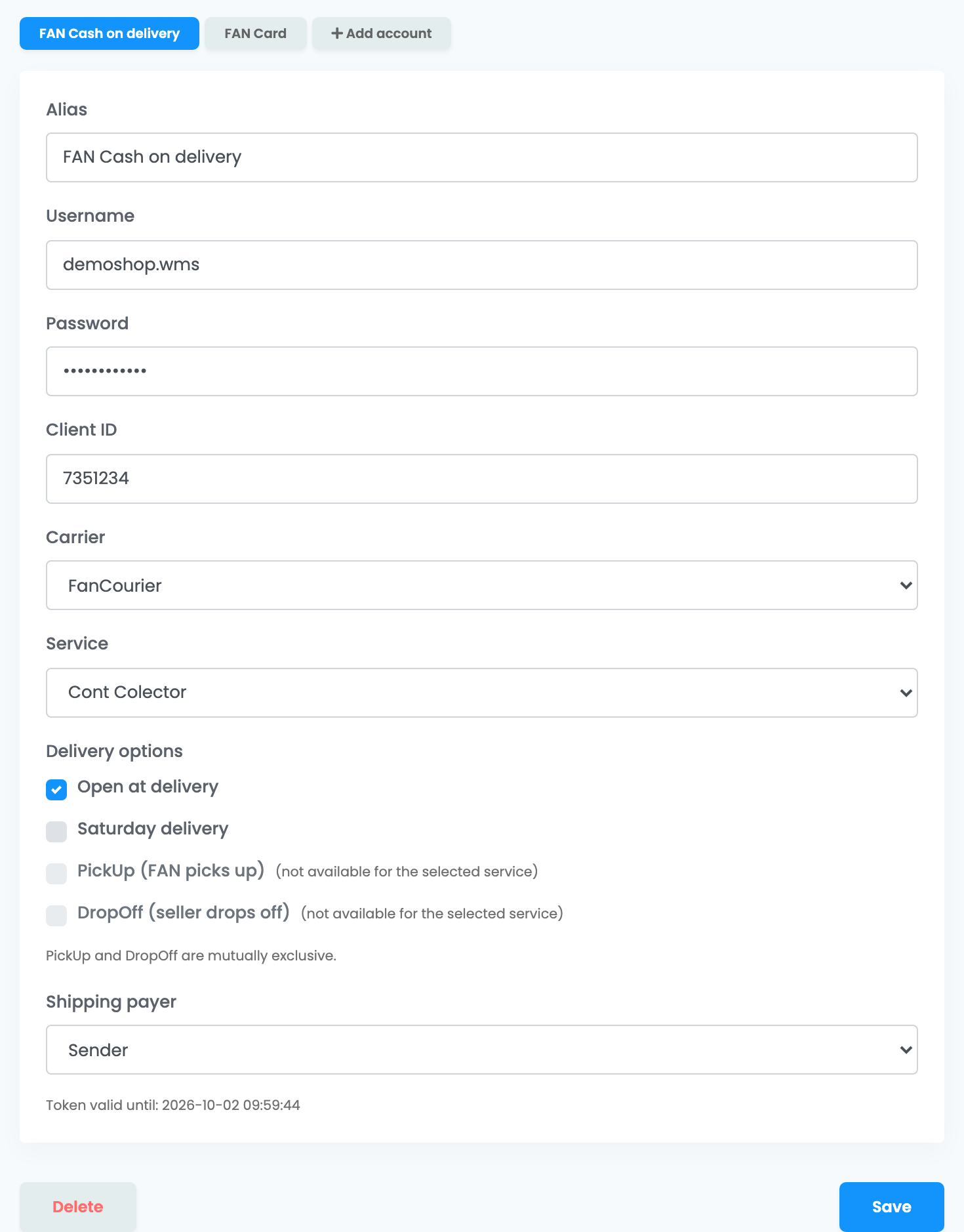Die FanCourier-Verbindung FAN Cash on delivery: Alias, Username, Password, Client ID, Carrier FanCourier, Service Cont Colector, Delivery options mit angekreuztem Open at delivery, Shipping payer Sender und die Registerkarten FAN Cash on delivery, FAN Card und Add account.