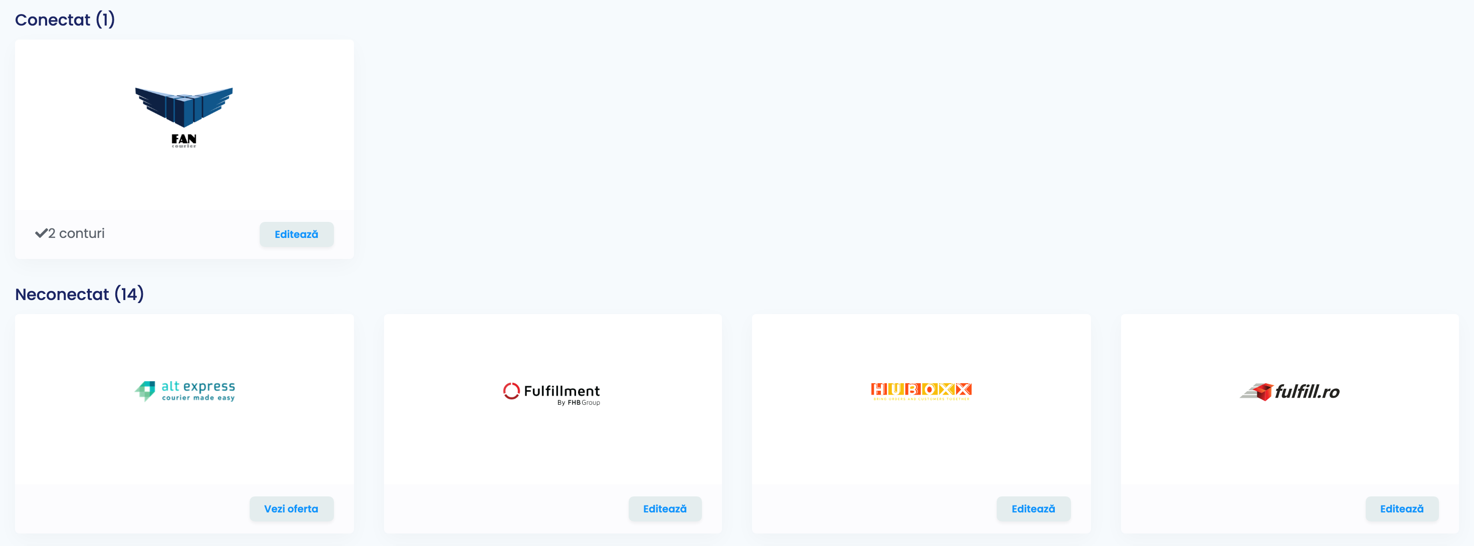 Pagina Fulfillment Comenzi din easySales cu cardul FanCourier conectat, cu 2 conturi, și alte servicii de fulfillment dedesubt.