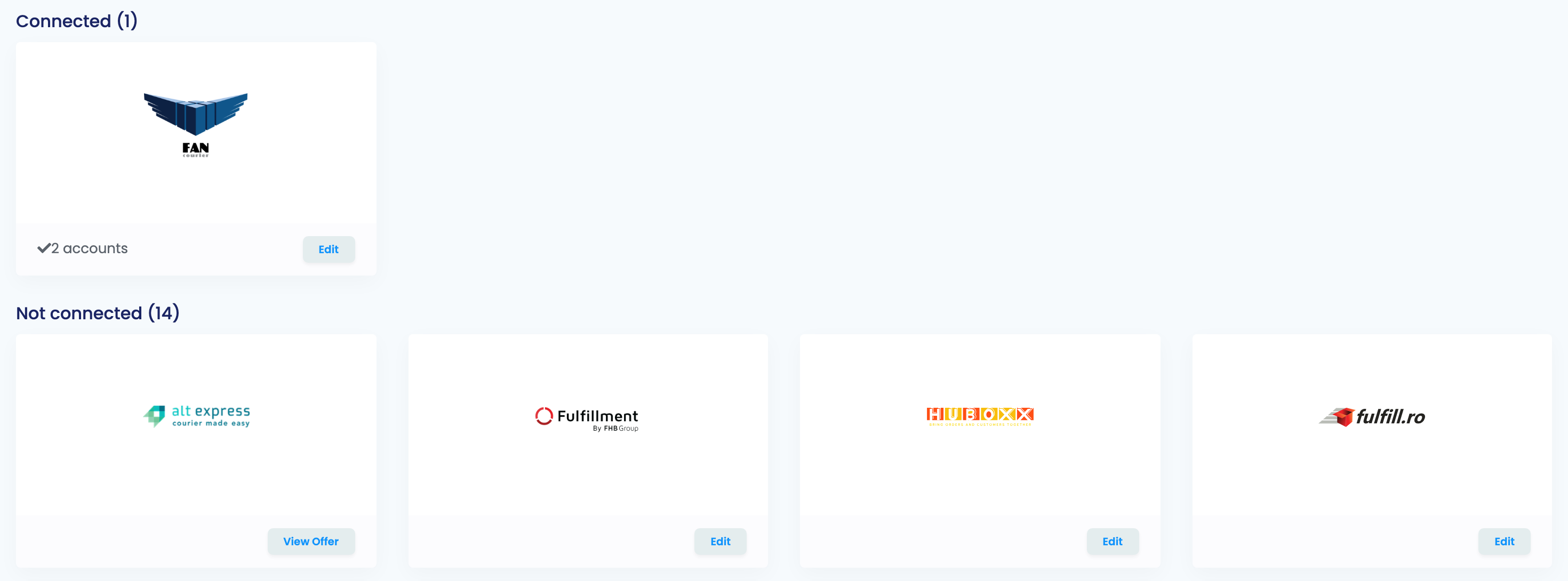 Die Seite Order Fulfillment in easySales mit der verbundenen FanCourier-Karte, die 2 Konten zeigt, und weiteren Fulfillment-Services darunter.