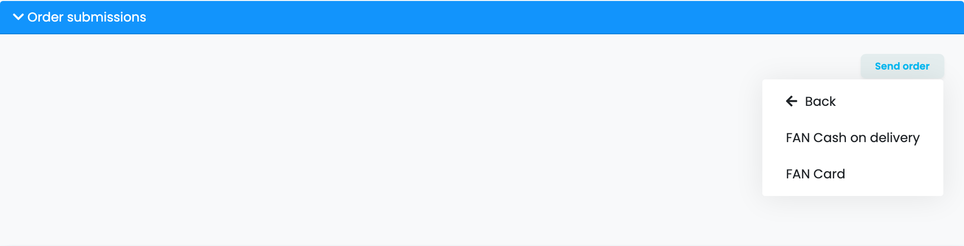 Der Bereich Order submissions einer Bestellung mit geöffnetem Menü Send order und den FanCourier-Verbindungen FAN Cash on delivery und FAN Card.