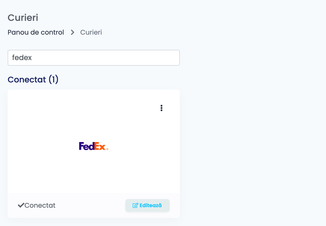 Pagina Curieri din easySales, filtrată după fedex, cu cardul FedEx conectat.
