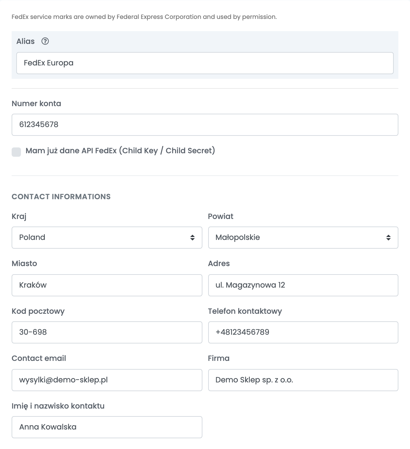 Nowe połączenie FedEx: Alias FedEx Europa, Numer konta 612345678, niezaznaczone pole Child Key / Child Secret i adres kontaktowy w Krakowie, Poland, dla Demo Sklep sp. z o.o.