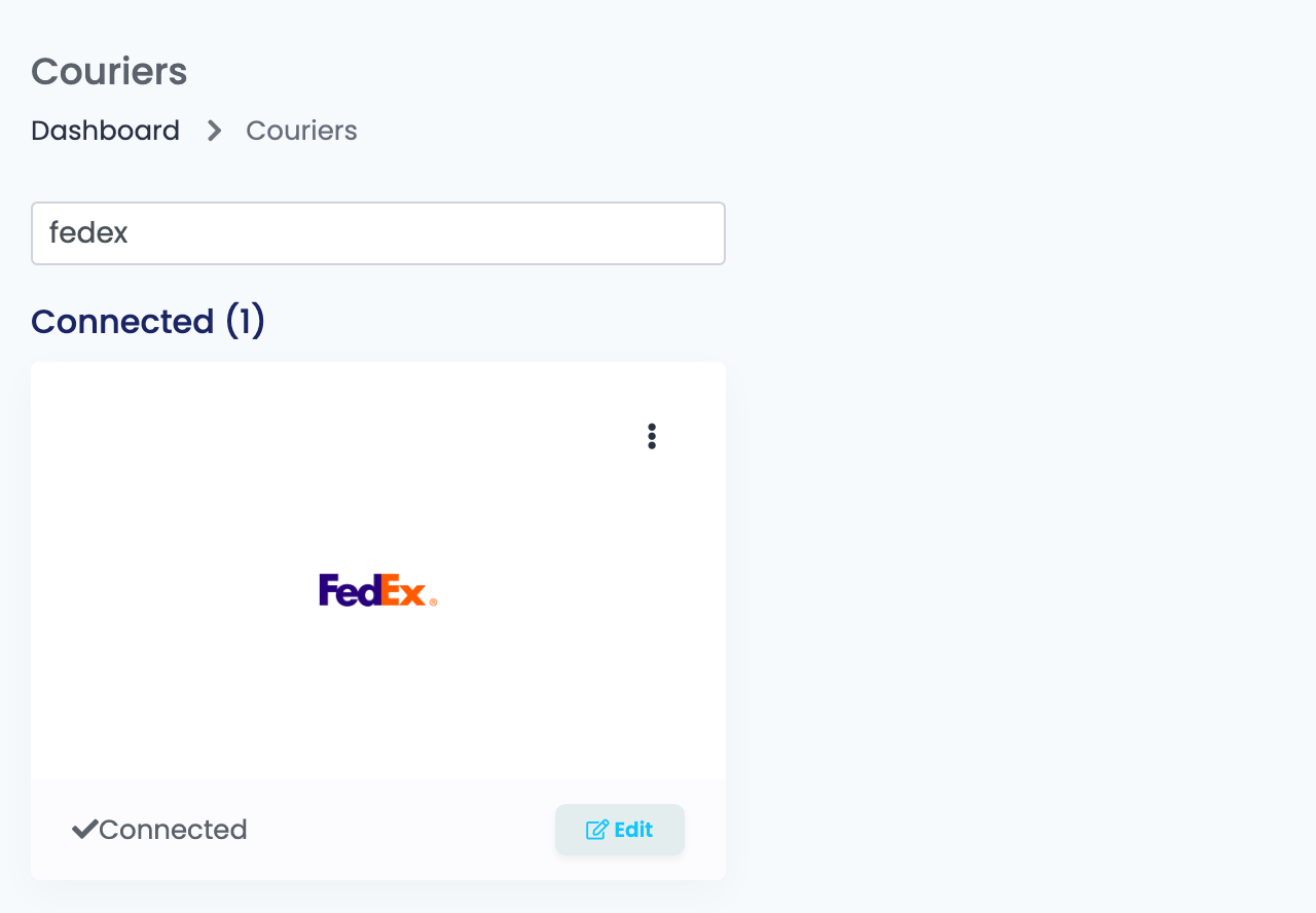 Die Seite Couriers in easySales, gefiltert nach fedex, mit verbundener FedEx-Karte.