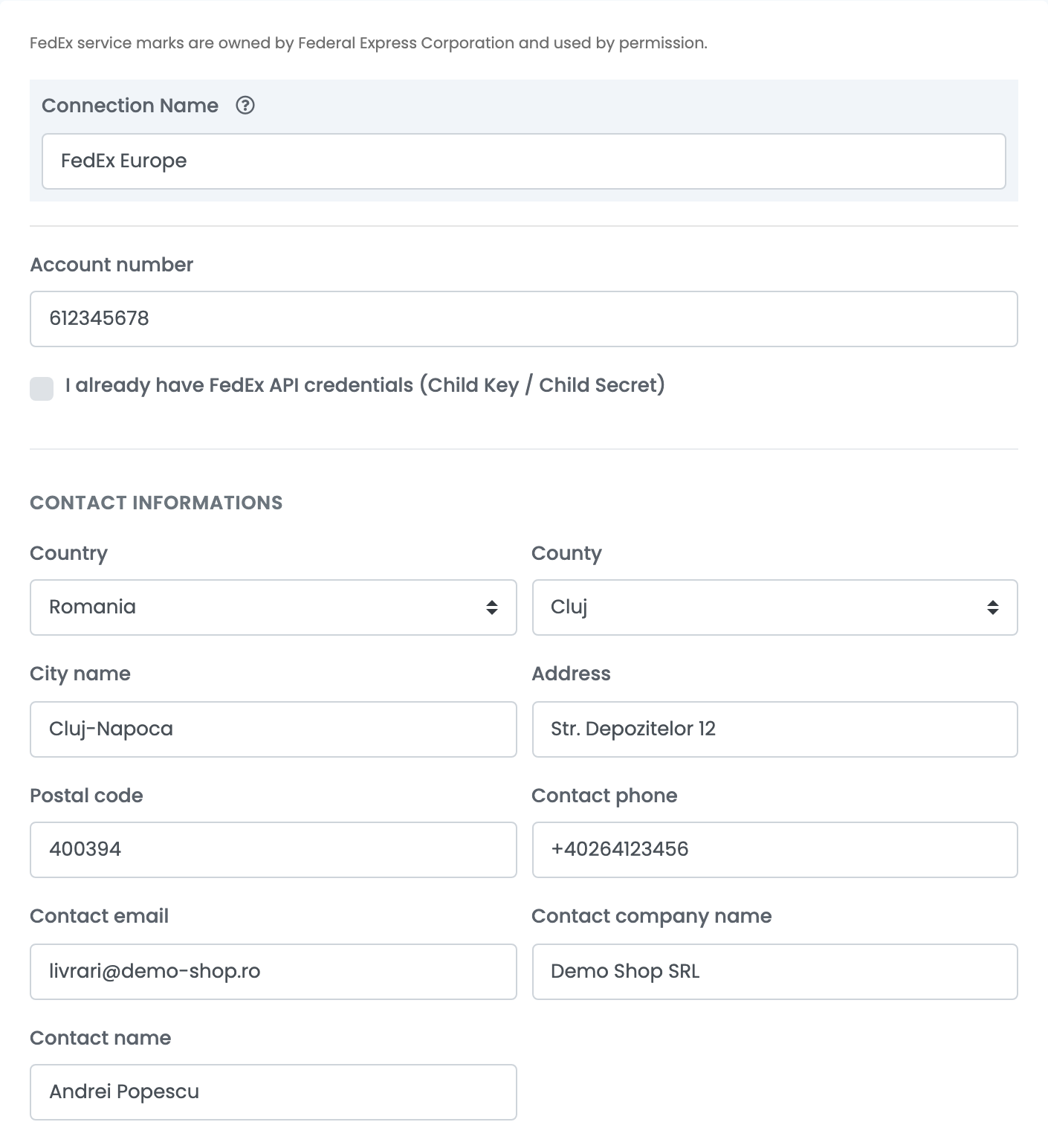 Eine neue FedEx-Verbindung: Connection Name FedEx Europe, Account number 612345678, das deaktivierte Kontrollkästchen Child Key / Child Secret und die Kontaktadresse in Cluj-Napoca, Romania, für Demo Shop SRL.