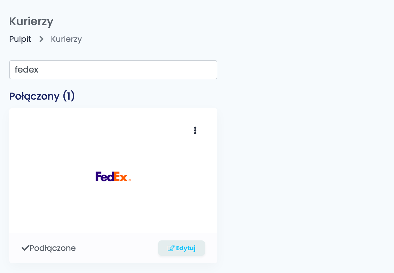 Strona Kurierzy w easySales, przefiltrowana po fedex, z podłączoną kartą FedEx.