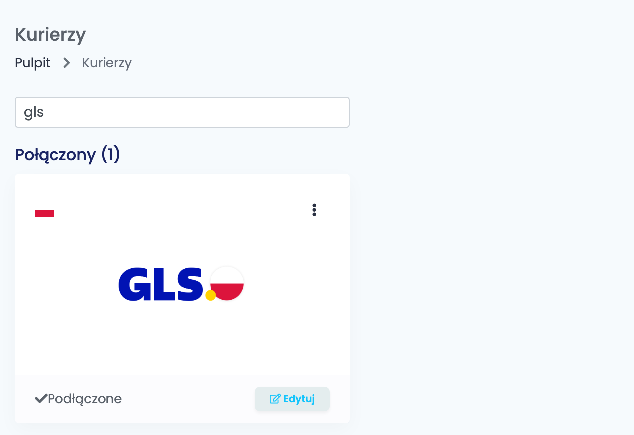 Strona Kurierzy w easySales przefiltrowana po gls, z podłączoną kartą GLS Poland z polską flagą.