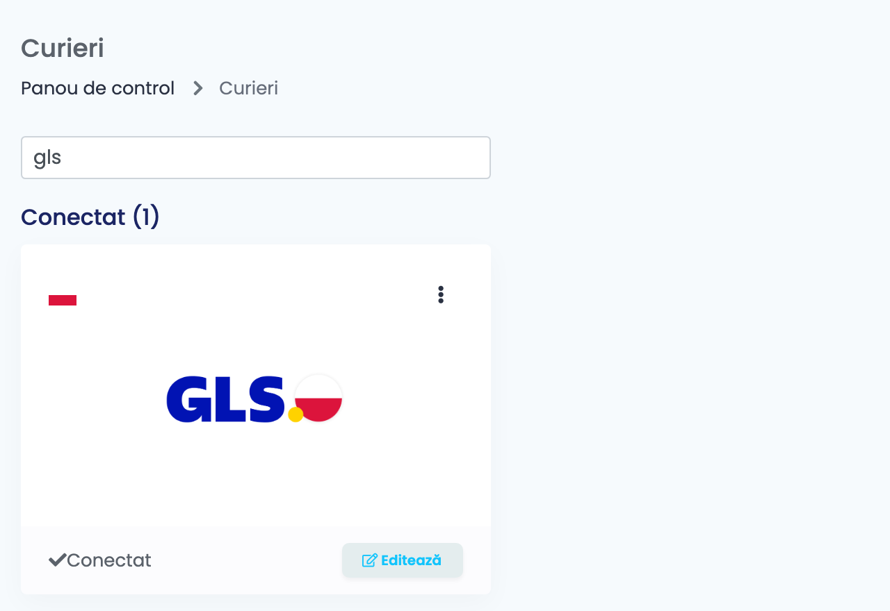 Pagina Curieri din easySales, filtrată după gls, cu cardul GLS Poland, cel cu steagul Poloniei, conectat.