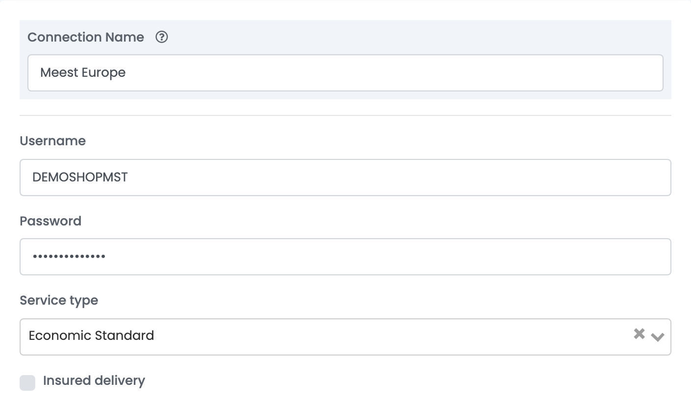 Die Meest-Verbindung: Connection Name Meest Europe, Username DEMOSHOPMST, Password, Service type Economic Standard und das nicht aktivierte Kontrollkästchen Insured delivery.