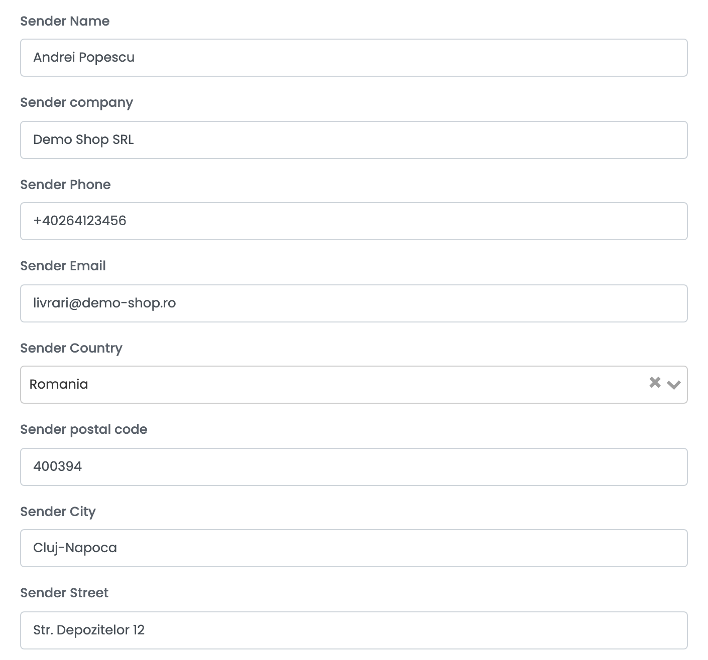 Die Absenderdaten: Sender Name Andrei Popescu, Sender company Demo Shop SRL, Sender Phone, Sender Email, Sender Country Romania, Sender postal code 400394, Sender City Cluj-Napoca und Sender Street Str. Depozitelor 12.