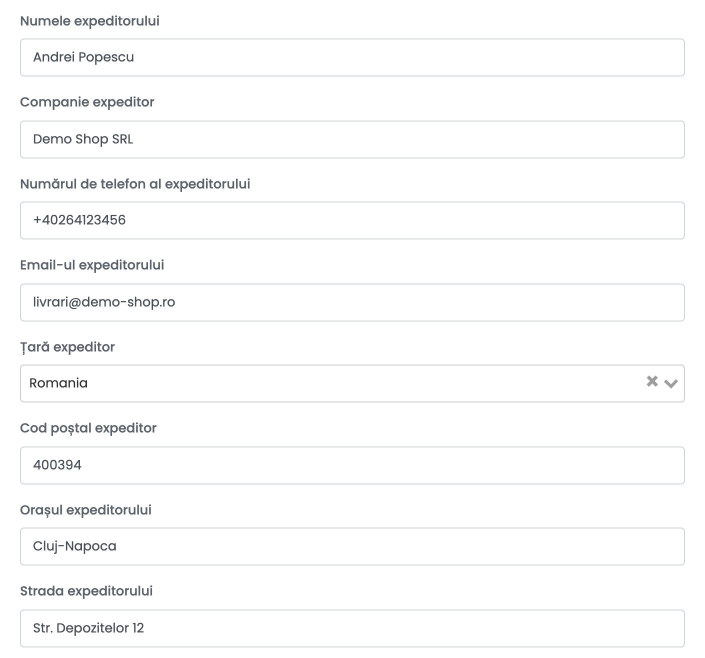Datele expeditorului: Numele expeditorului Andrei Popescu, Companie expeditor Demo Shop SRL, Numărul de telefon al expeditorului, Email-ul expeditorului, Țară expeditor Romania, Cod poștal expeditor 400394, Orașul expeditorului Cluj-Napoca și Strada expeditorului Str. Depozitelor 12.