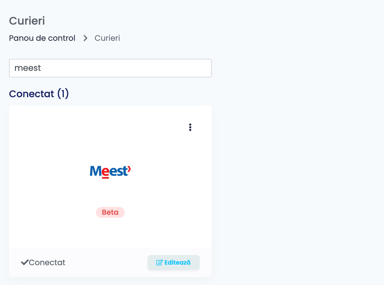 Pagina Curieri din easySales, filtrată după meest, cu cardul Meest conectat și marcat Beta.