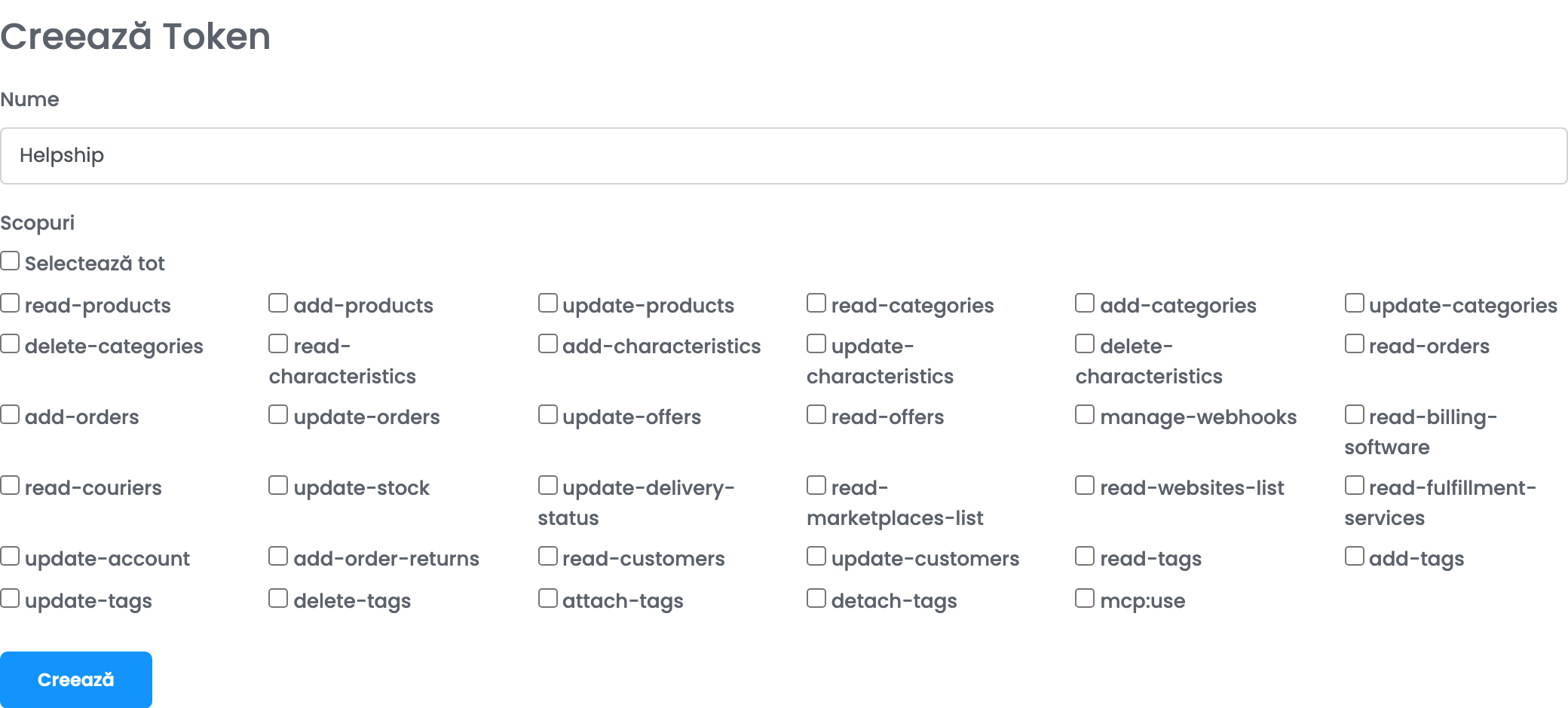 Formularul de creare a tokenului din Setări API: Nume Helpship și lista Scopuri, cu butonul Creează.