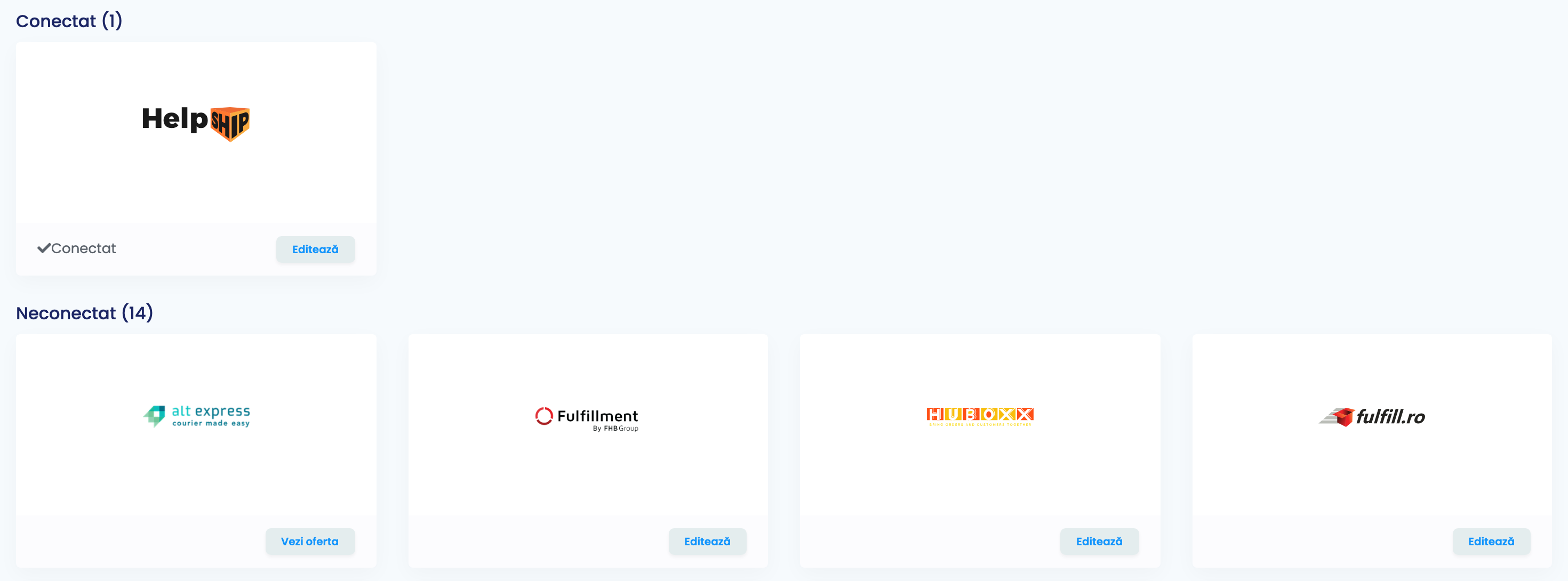 Pagina Fulfillment Comenzi din easySales, cu cardul HelpShip conectat și alte servicii de fulfilment dedesubt.