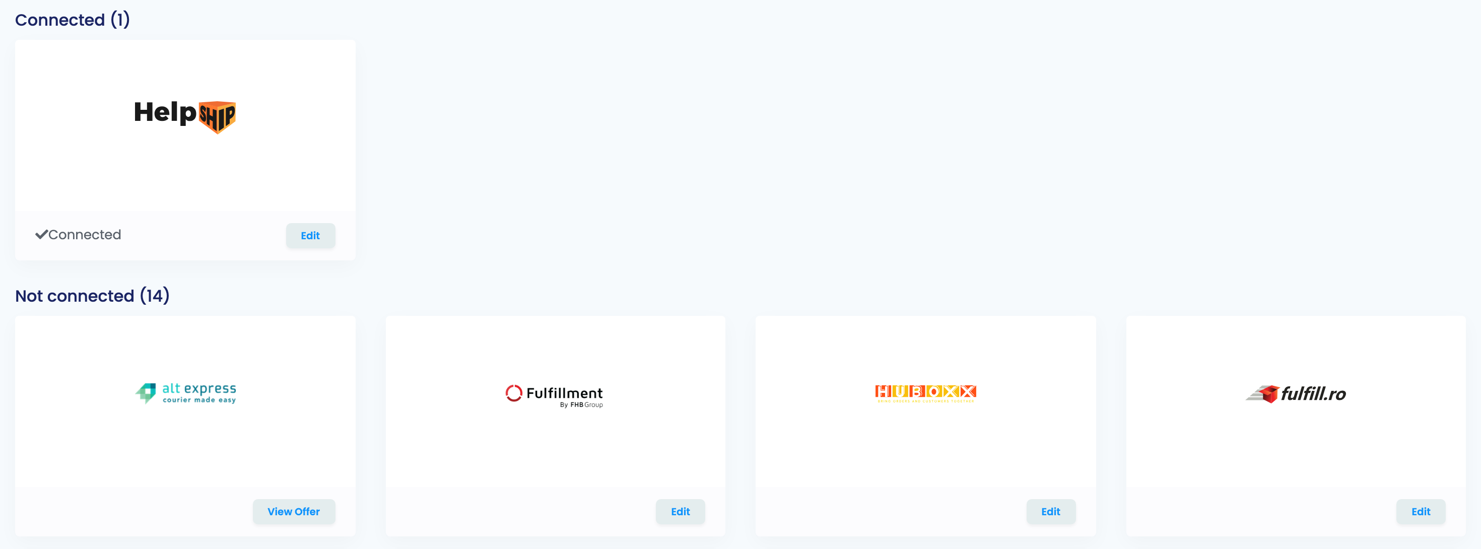 Die Seite Order Fulfillment in easySales mit der verbundenen HelpShip-Karte und weiteren Fulfillment-Services darunter.