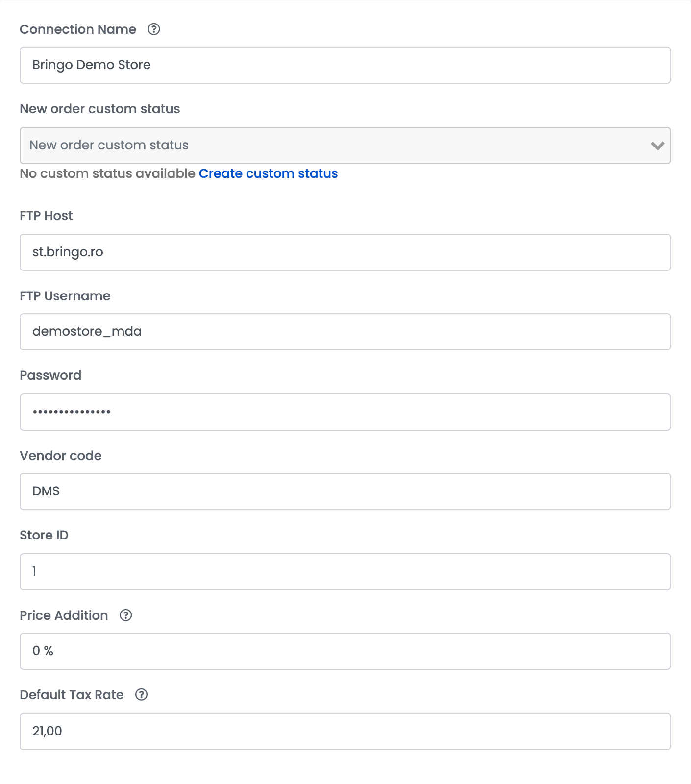 Die Main settings von Bringo: Connection Name Bringo Demo Store, FTP Host st.bringo.ro, FTP Username demostore_mda, Password, Vendor code DMS, Store ID 1, Price Addition 0 % und Default Tax Rate 21.