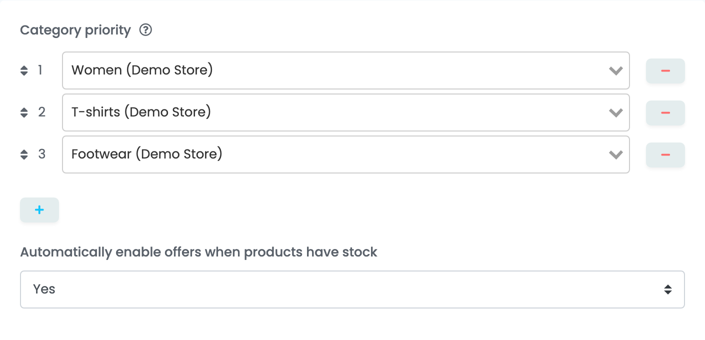 Die Additional settings von Bringo: Category priority mit Women, T-shirts und Footwear aus Demo Store und Automatically enable offers when products have stock auf Yes.