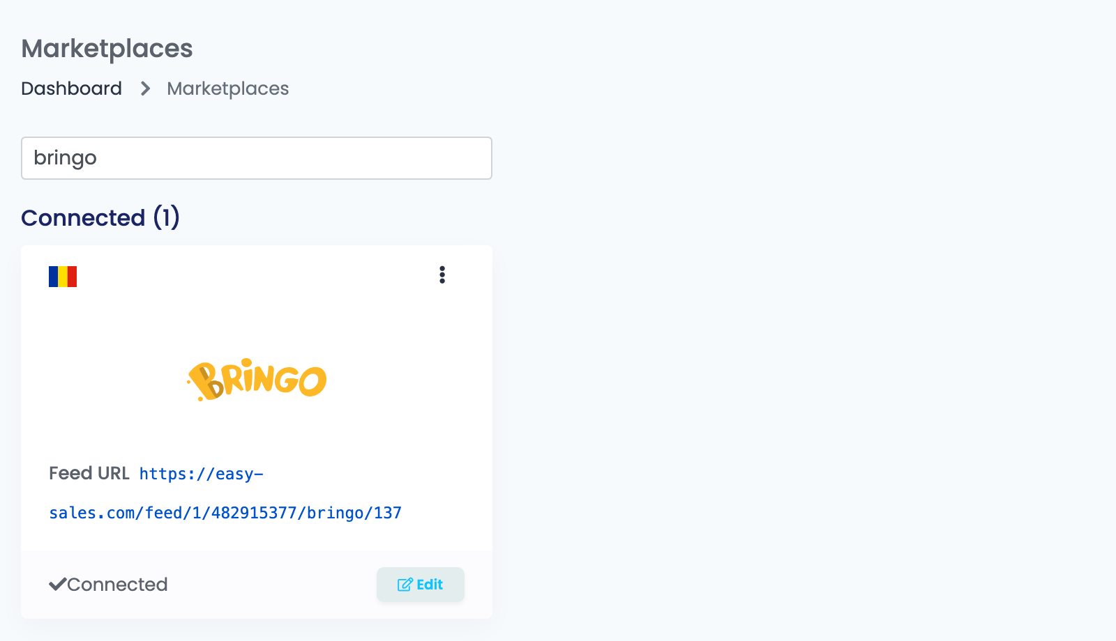 Die Seite Marketplaces in easySales, nach bringo gefiltert, mit der verbundenen Bringo-Karte und ihrer Feed URL.