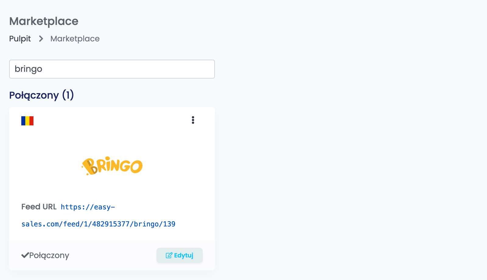 Strona Marketplace w easySales, przefiltrowana po bringo, z połączoną kartą Bringo i jej Feed URL.