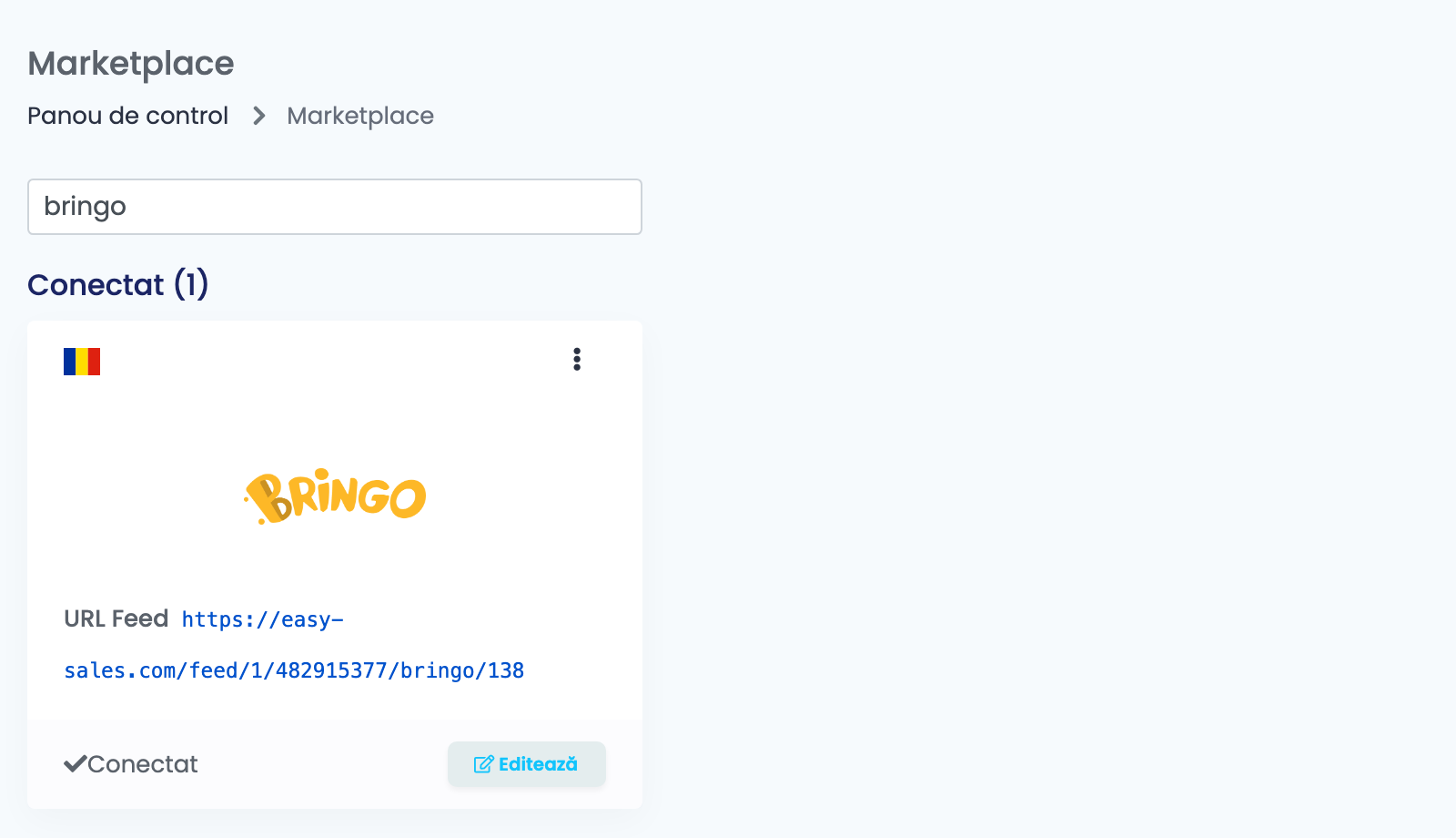 Pagina Marketplace din easySales, filtrată după bringo, cu cardul Bringo conectat și URL Feed-ul lui.