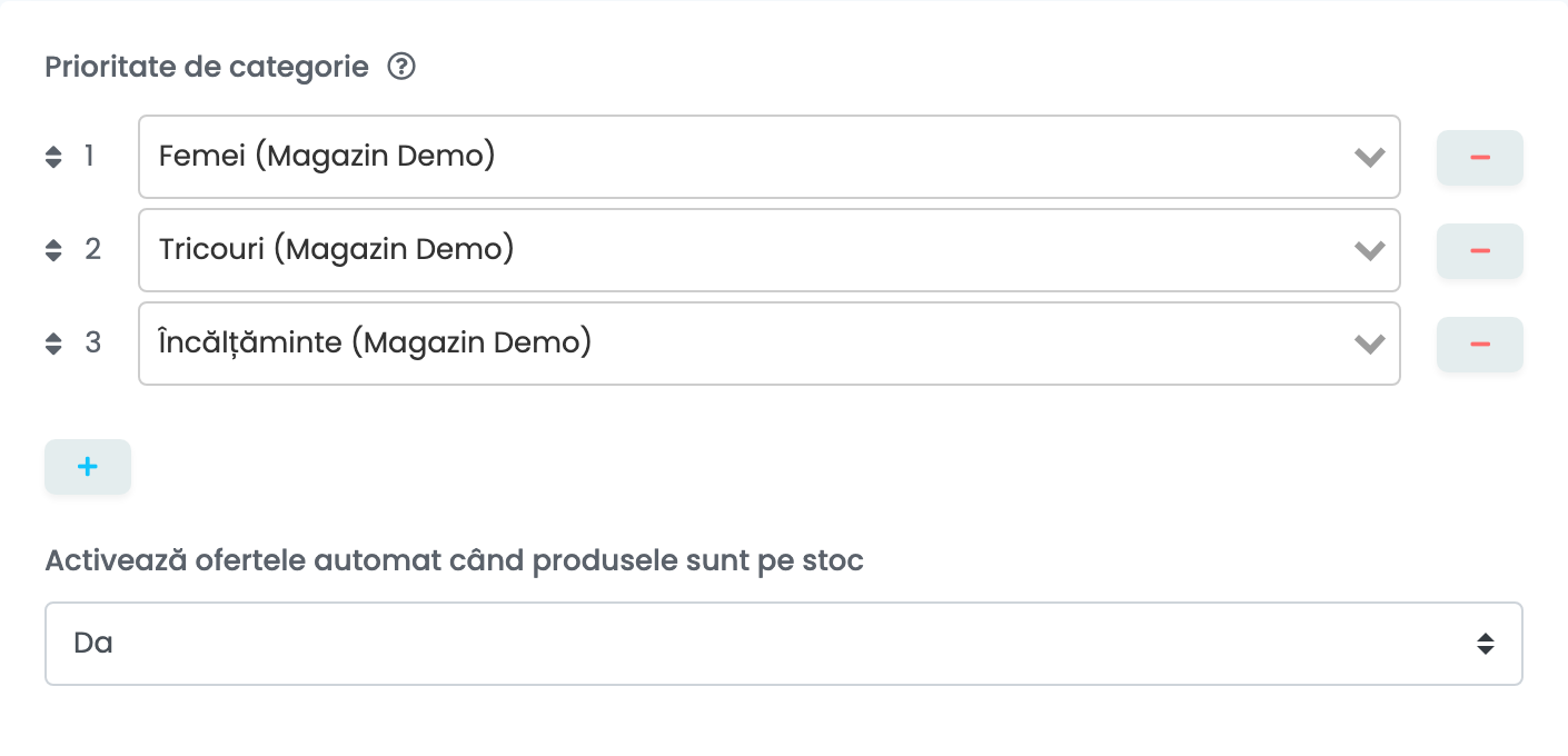 Setările adiționale Bringo: Prioritate de categorie cu Femei, Tricouri și Încălțăminte din Magazin Demo și Activează ofertele automat când produsele sunt pe stoc setat pe Da.
