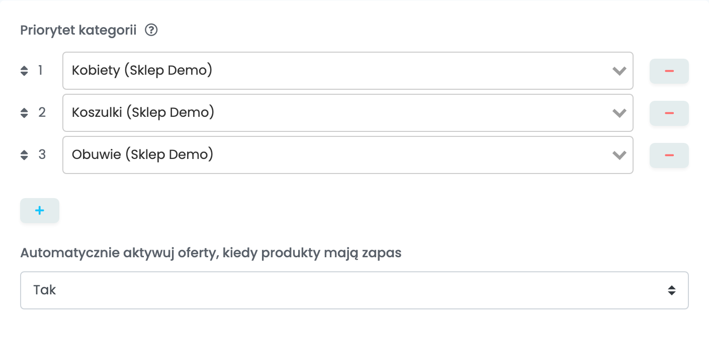 Dodatkowe ustawienia Bringo: Priorytet kategorii z kategoriami Kobiety, Koszulki i Obuwie ze Sklep Demo oraz Automatycznie aktywuj oferty, kiedy produkty mają zapas ustawione na Tak.